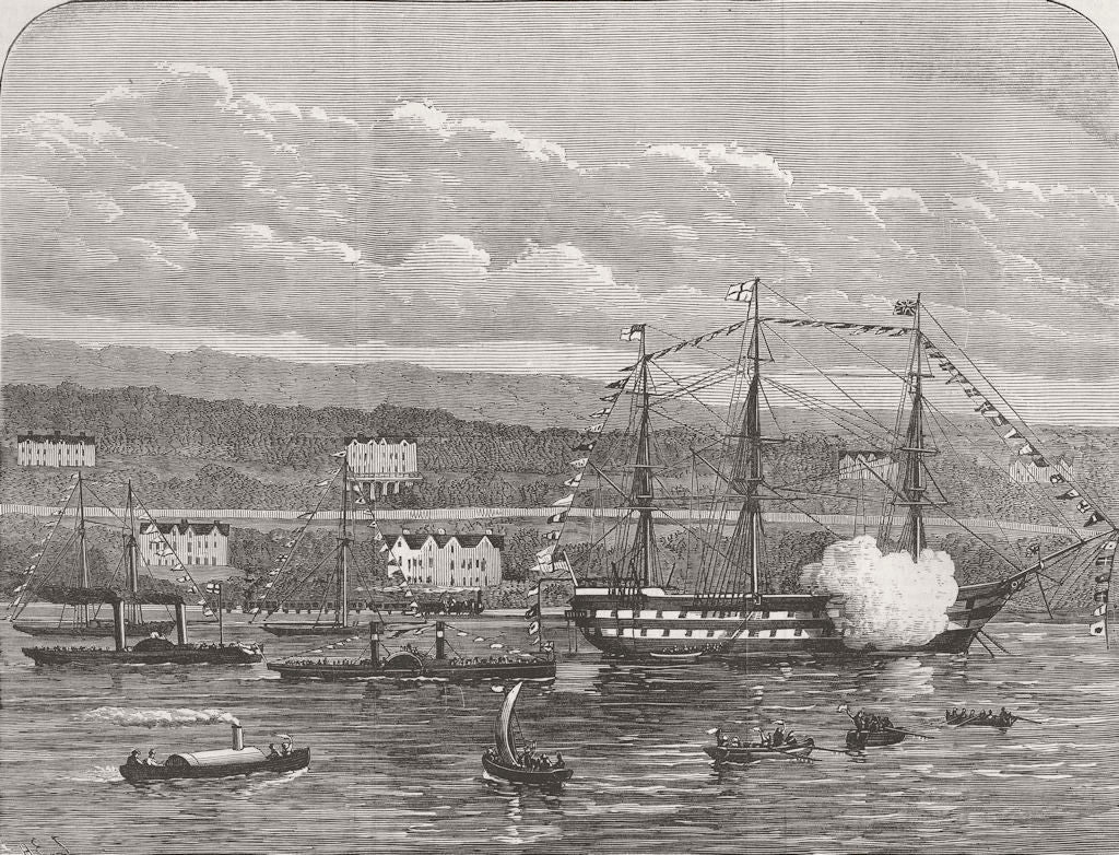 COBH. HMS Revenge, firing Royal salute for Lord Lt 1878 old antique print